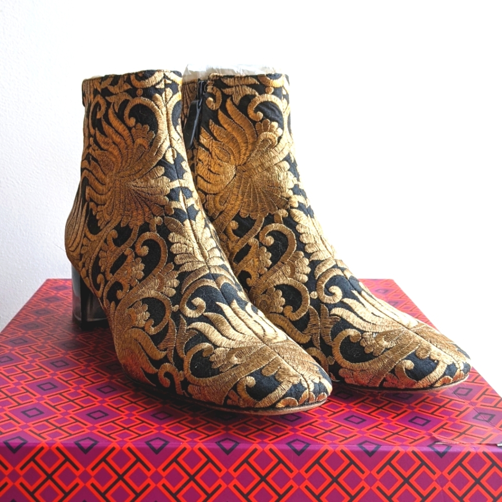  Tory Burch Carlotta Black/gold Nayan Brocade Embroidered Bootie Sz 8